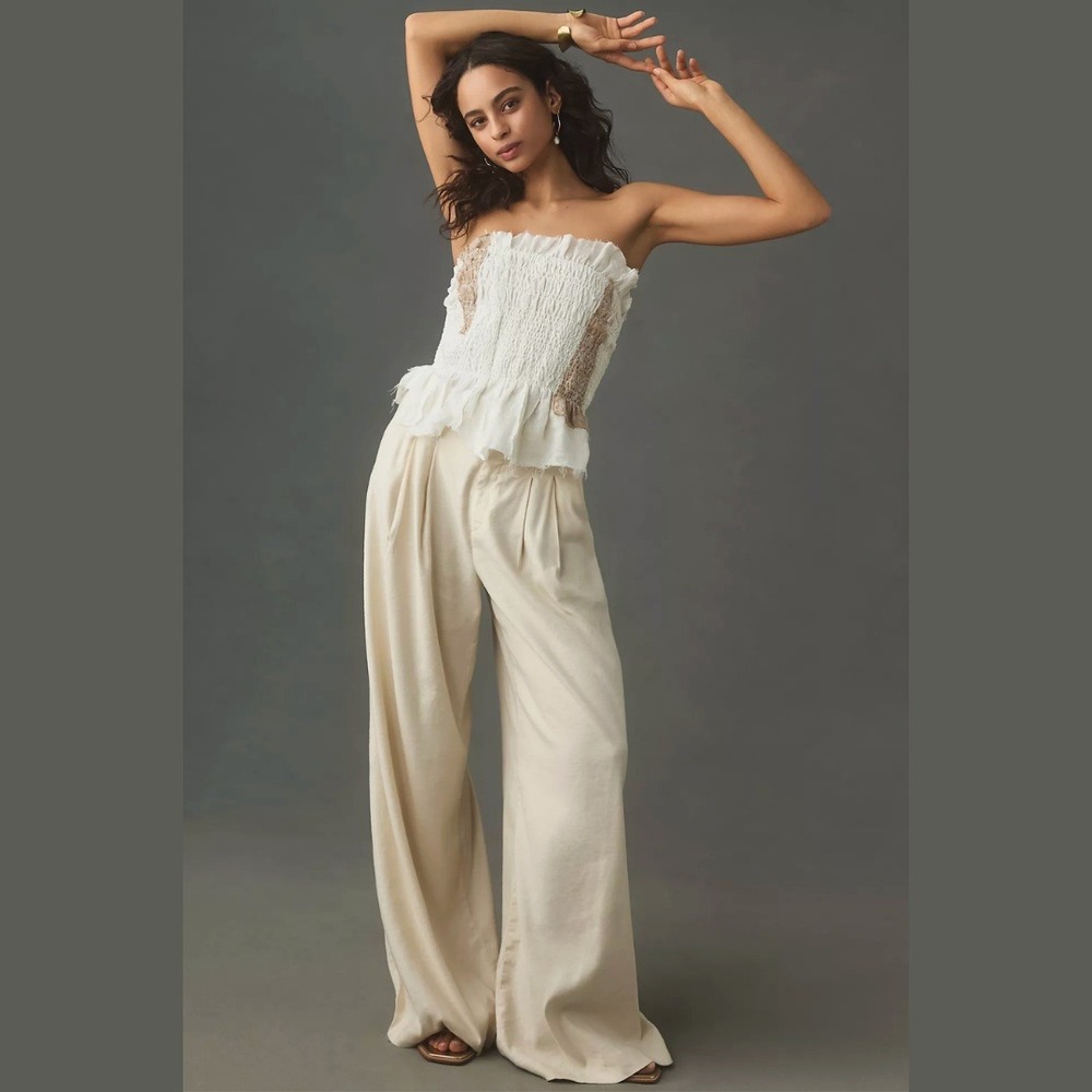 NEW Anthropologie Strapless‎ Smocked Top Womens XL Ruffle Gauze Boho Cottagecore